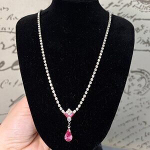 Fairy Necklace Earring Set Art Deco Style Pink Teardrop Crystal Drop Prom Formal